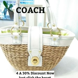 COACH, straw bag white leather trim.